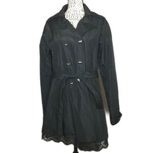 Black trench coat lace hem zipper design buttons belt tie front pockets M